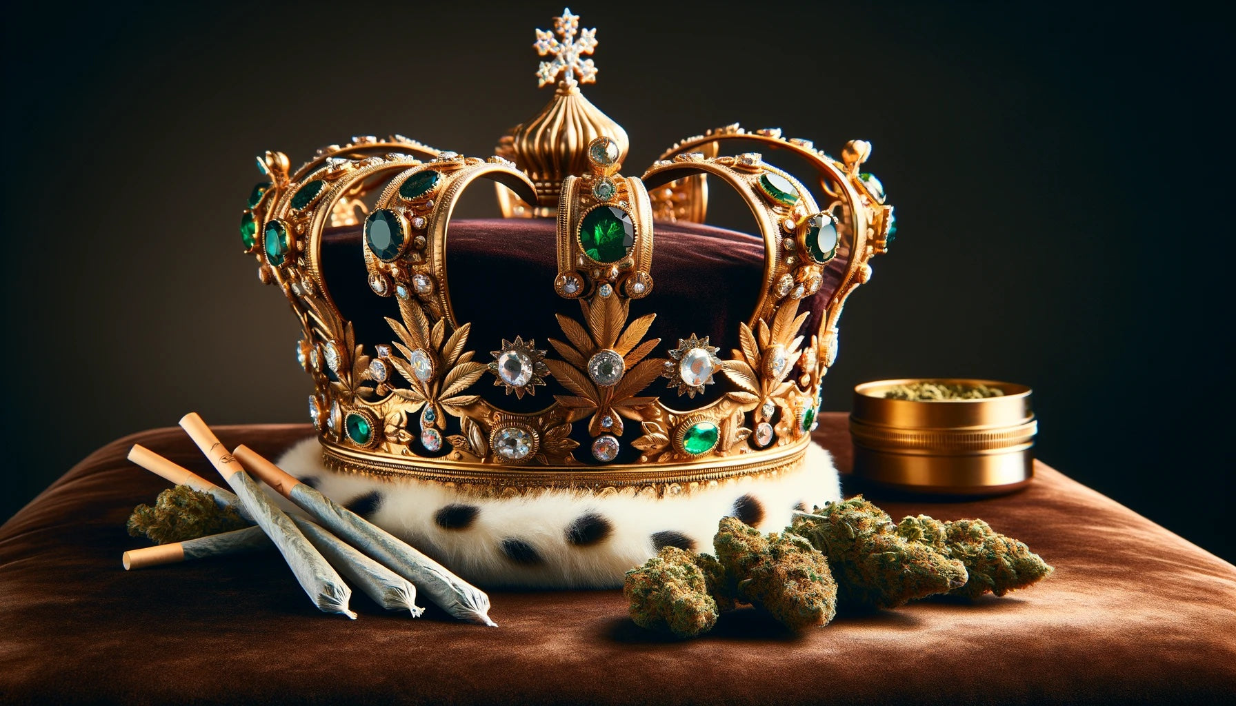 An image of a crown surrounded by THCA flower buds and THCA pre-rolls