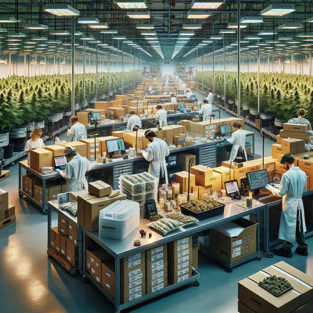 An AI generated image of a THCA hemp flower grow and fulfillment facility