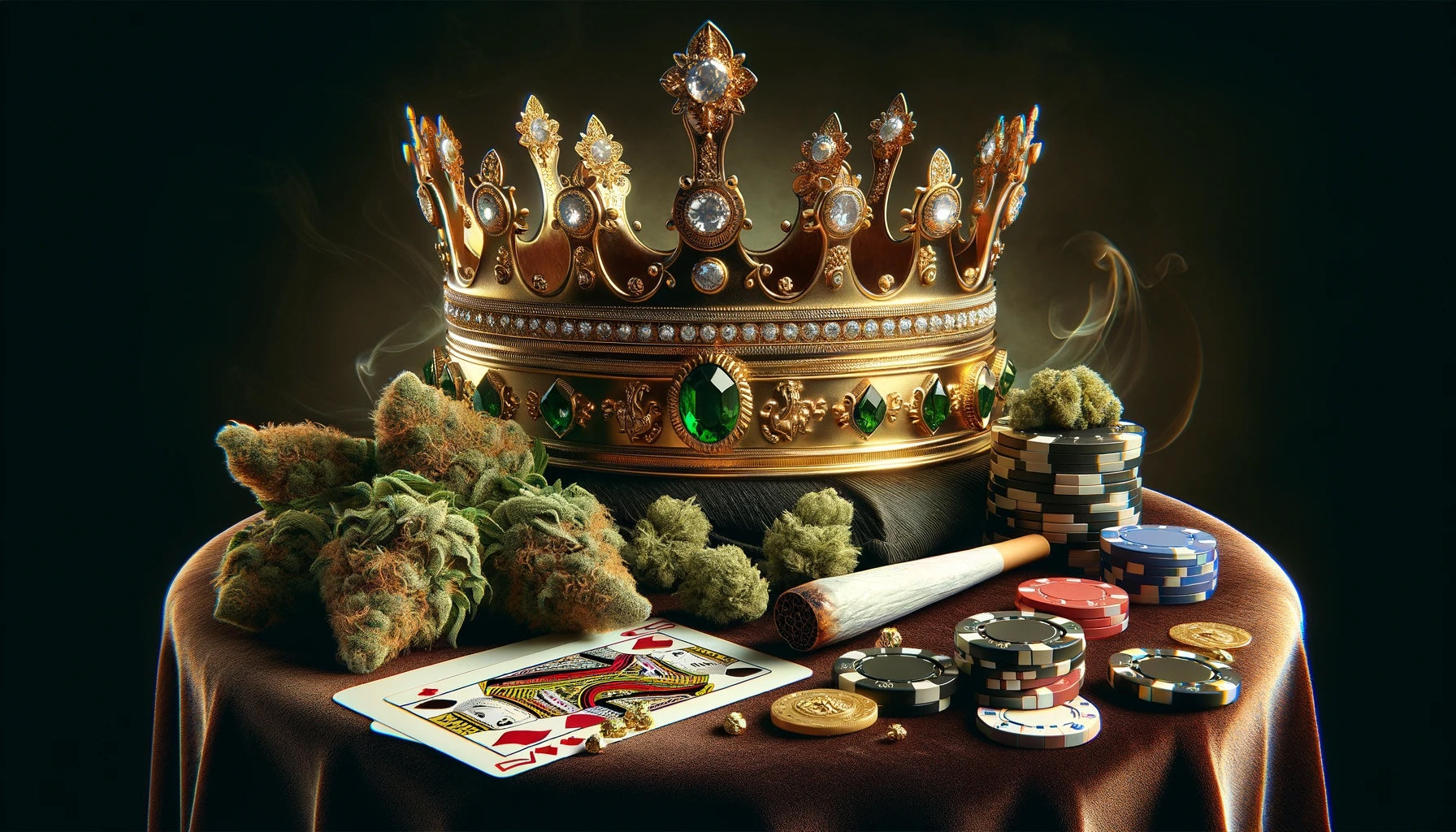 An image of a crown with high qulaity THCA flower buds and casino chips