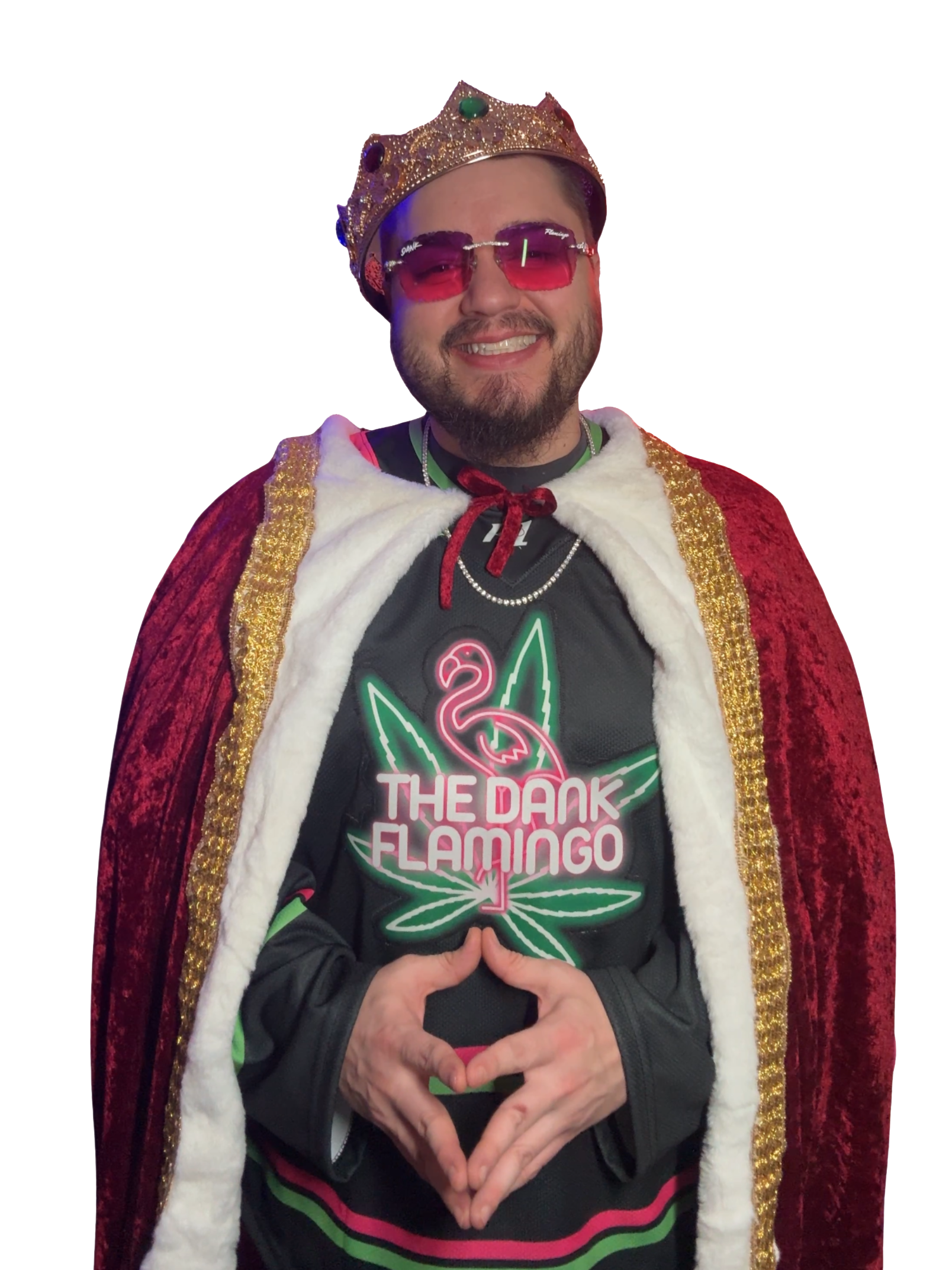 Man wearing a crown, sunglasses, and a robe with a 'Dank Flamingo' shirt on a white background