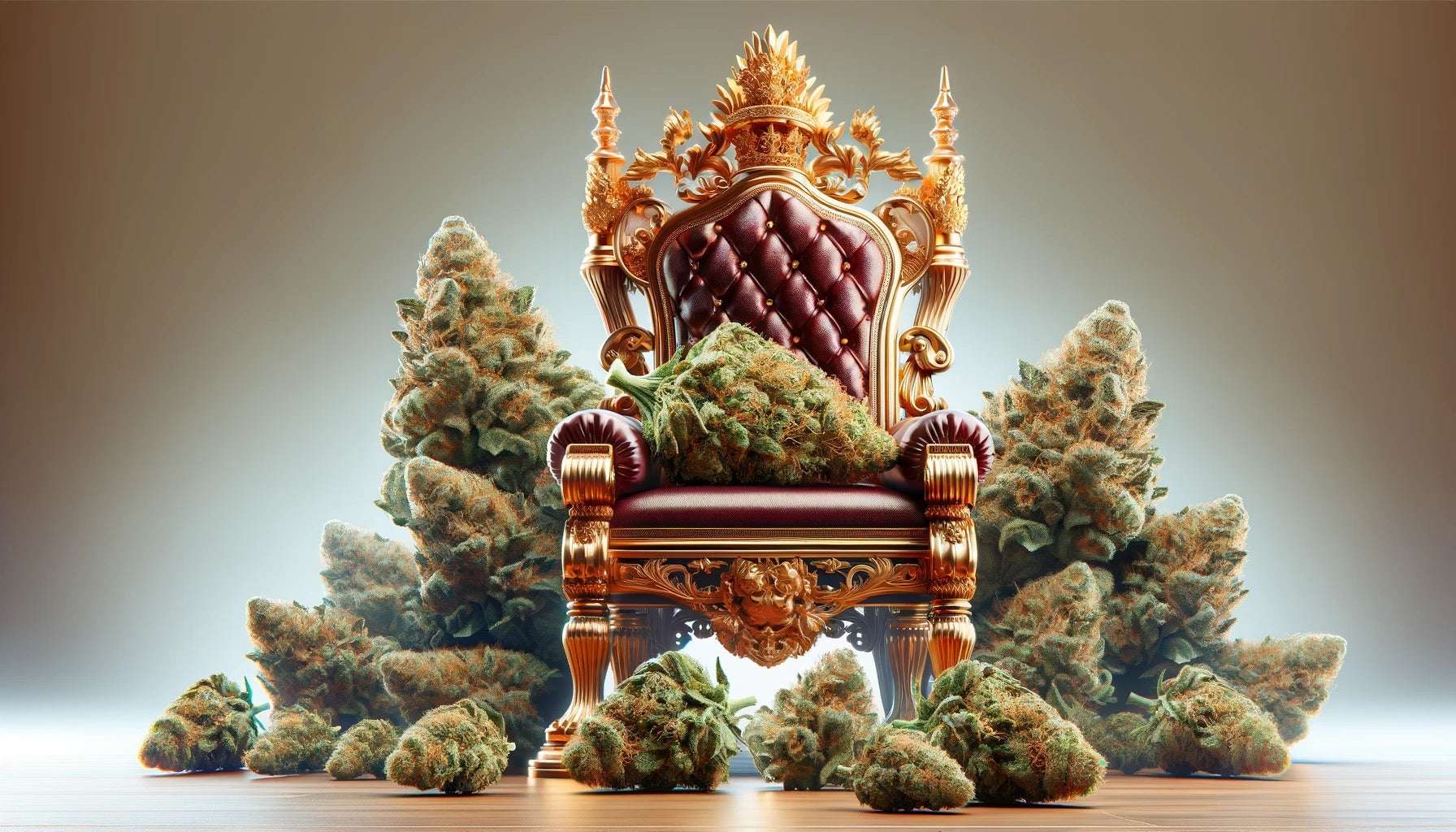 High quality THCA buds sitting on top of and around the THCA King royal throne